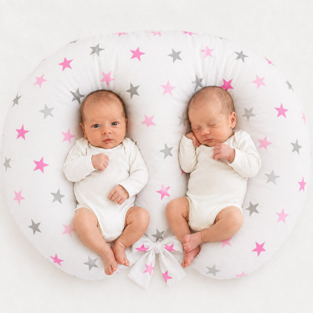 Twin nursing pillow, Breastfeeding Croissant Pillow, removable, Hands-Free Feeding- Grey-pink stars