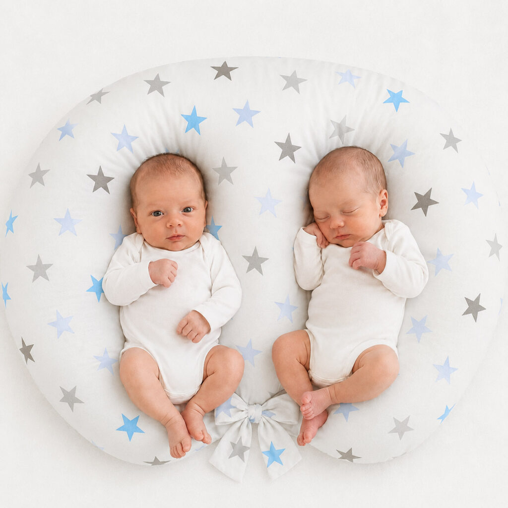 Twin nursing pillow, Breastfeeding Croissant Pillow, removable, Hands-Free Feeding- Grey-blue stars