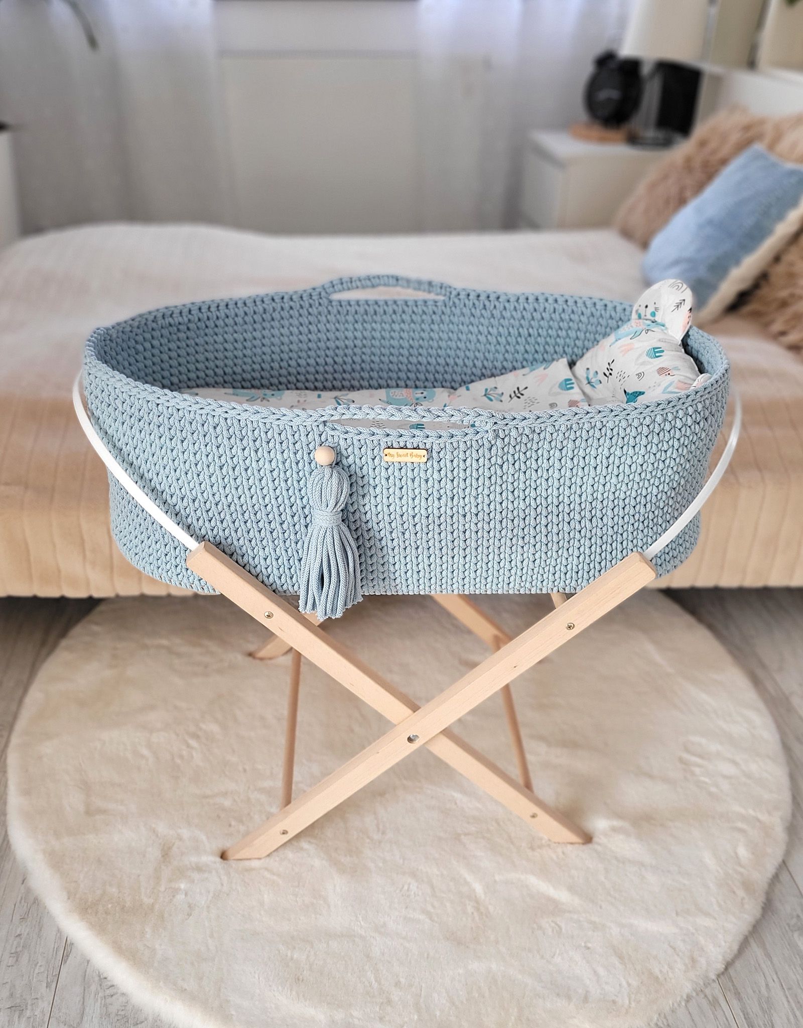 Moses basket BOHO Handmade with stand - misty blue