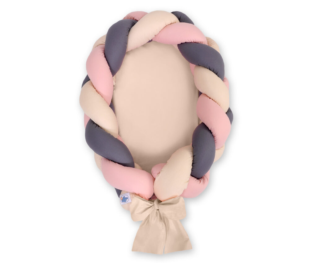 Braided baby nest 2 in 1 - beige-pastel pink-anthracite — modelis Kokon/ magic loop/391-1033-1032-391
