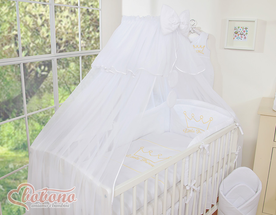 Large mosquito net for baby's bed made of white chiffon with circles and a bow - white hangers