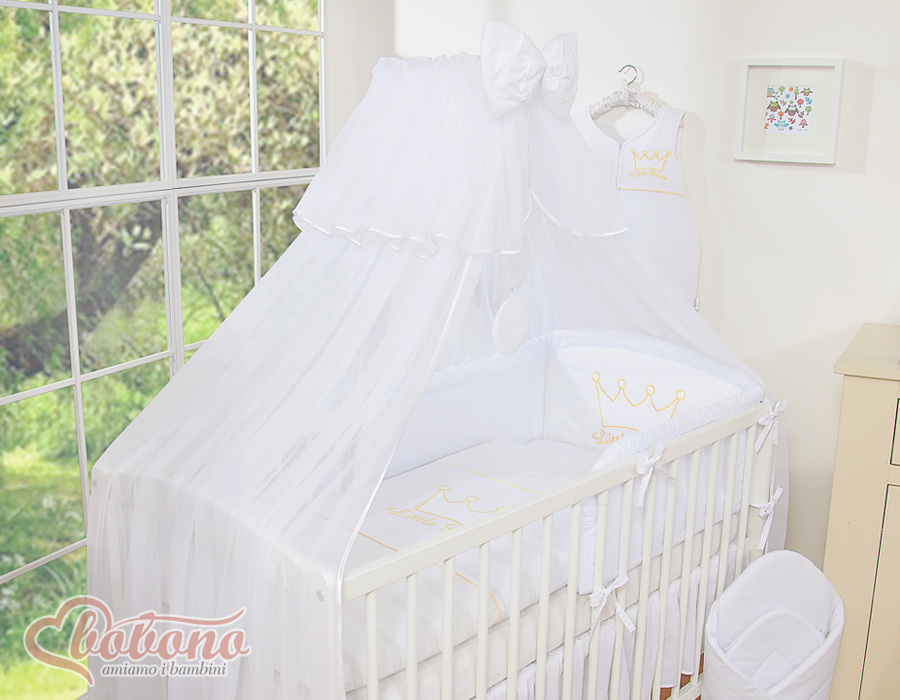 Large mosquito net for baby's bed made of white chiffon with circles and a bow - white hangers