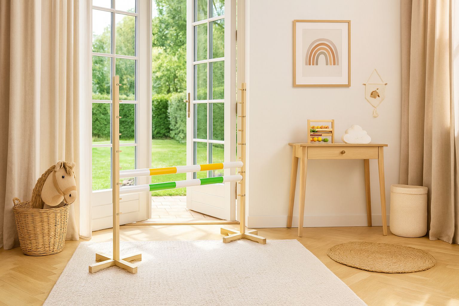 Jumping obstacle for Hobby Horse 120cm, with two beams yellow and green