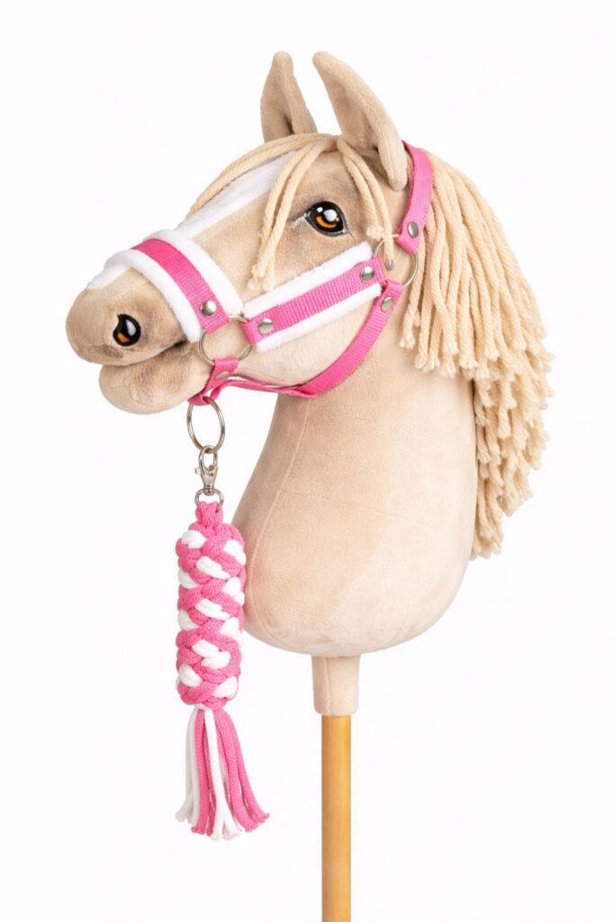 Set for Hobby Horse: the halter A3 with white furry + Tether made of cord - white-pink