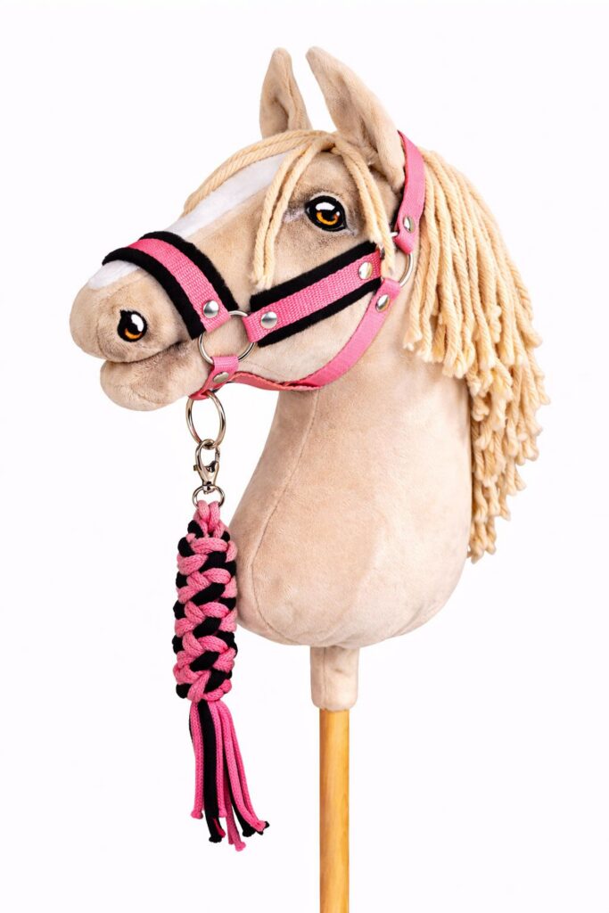 Set for Hobby Horse: the halter A3 with black furry + Tether made of cord - black-pink