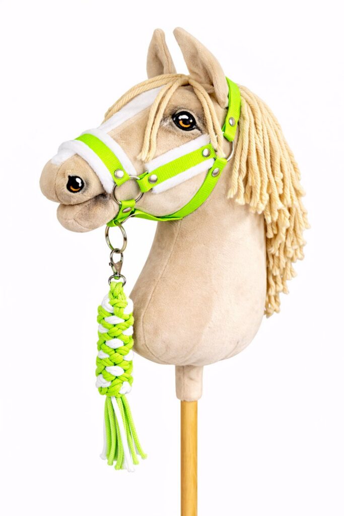 Set for Hobby Horse: the halter A3 with white furry + Tether made of cord - neon-green/ white