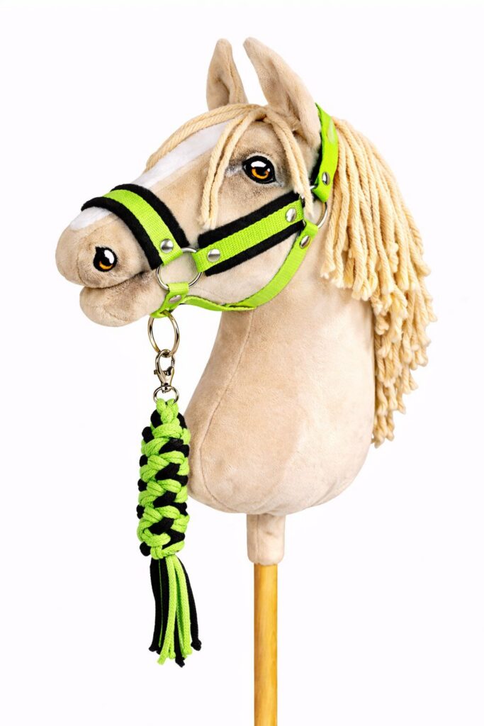 Set for Hobby Horse: the halter A3 with black furry + Tether made of cord - neon-green/ black