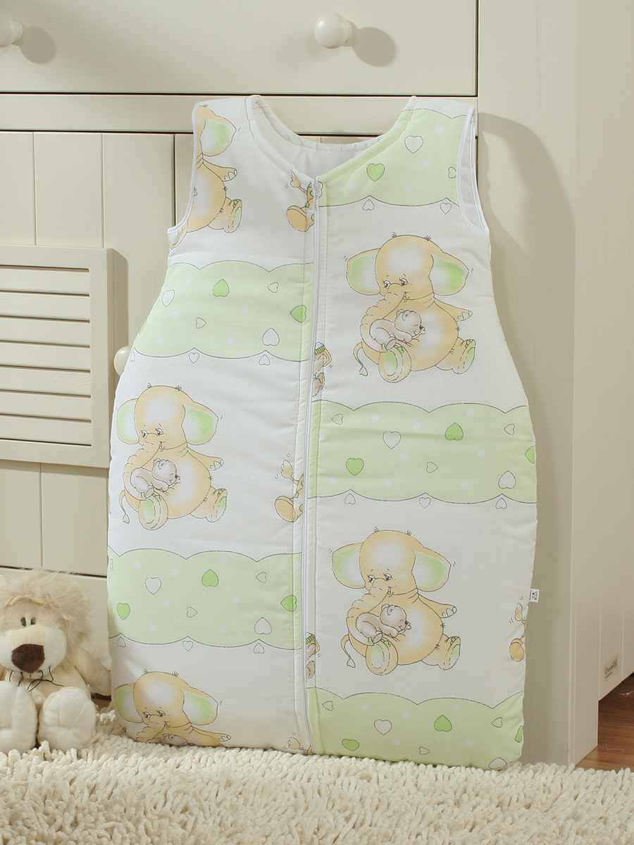 Cotton sleeping bag for children, size M, 6-12 months, TOG 2.5, all-season, green elephants