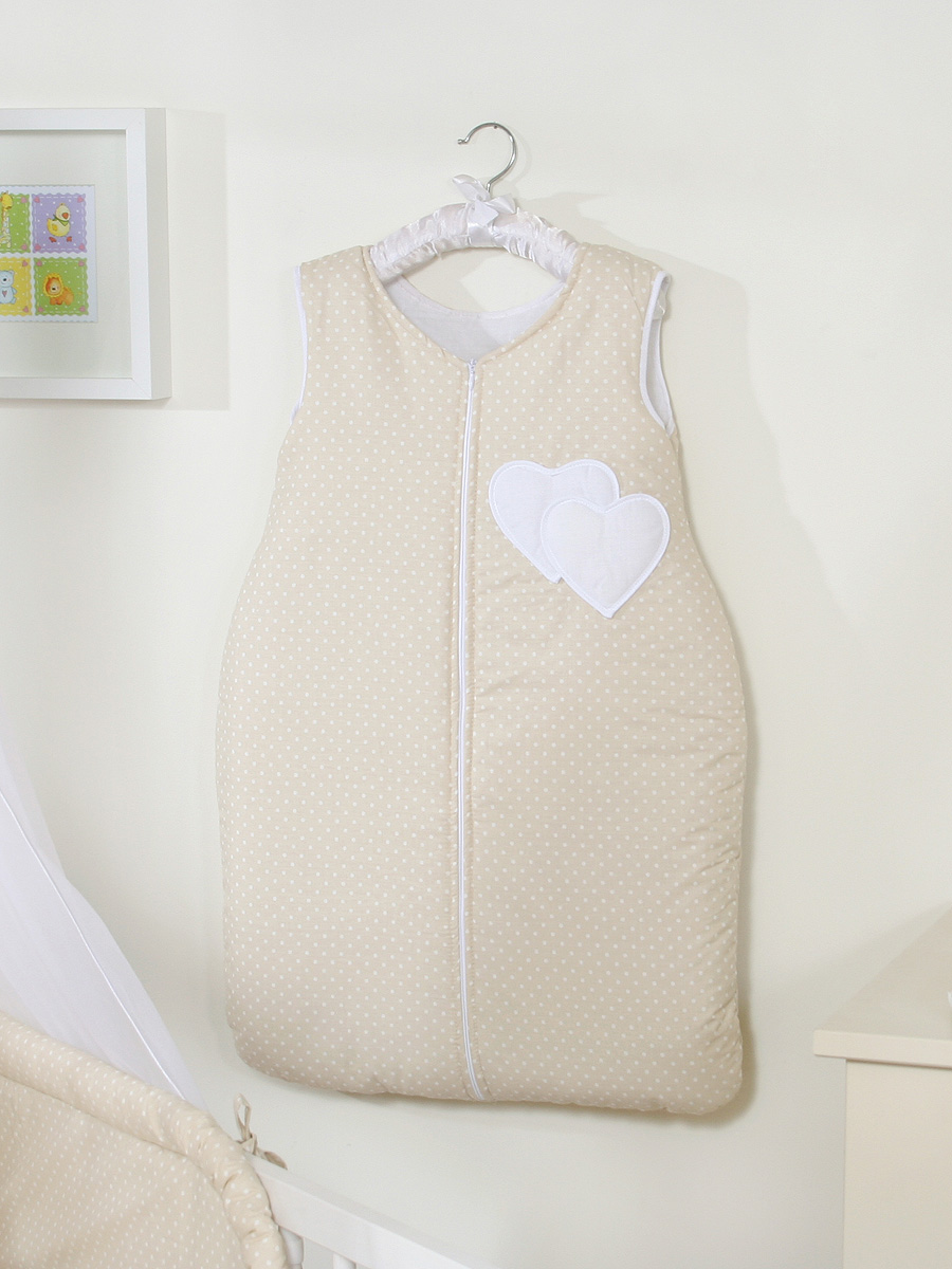 Cotton sleeping bag for children, size M, 6-12 months, TOG 2.5, all-season, hearts dots on beige — modelis SPIW/hearts/529