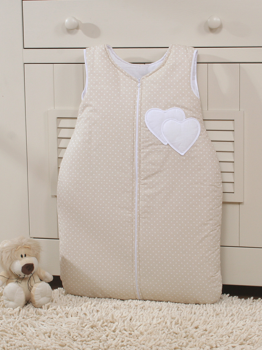 Cotton sleeping bag for children, size M, 6-12 months, TOG 2.5, all-season, hearts dots on beige — modelis SPIW/hearts/529