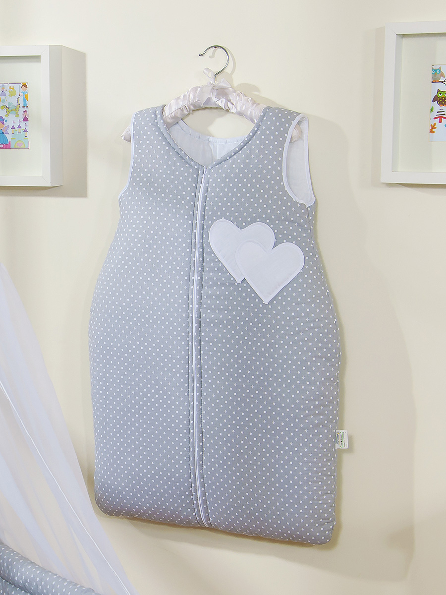 Cotton sleeping bag for children, size M, 6-12 months, TOG 2.5, all-season,hearts polka dots on grey