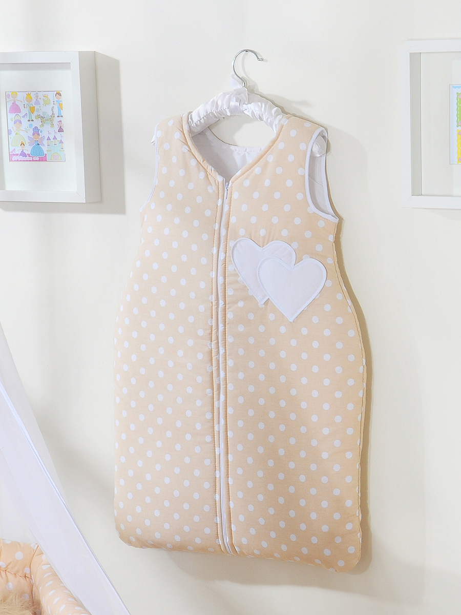Cotton sleeping bag for children, size M, 6-12 months, TOG 2.5, all-season, hearts dots on beige — modelis SPIW/hearts/551