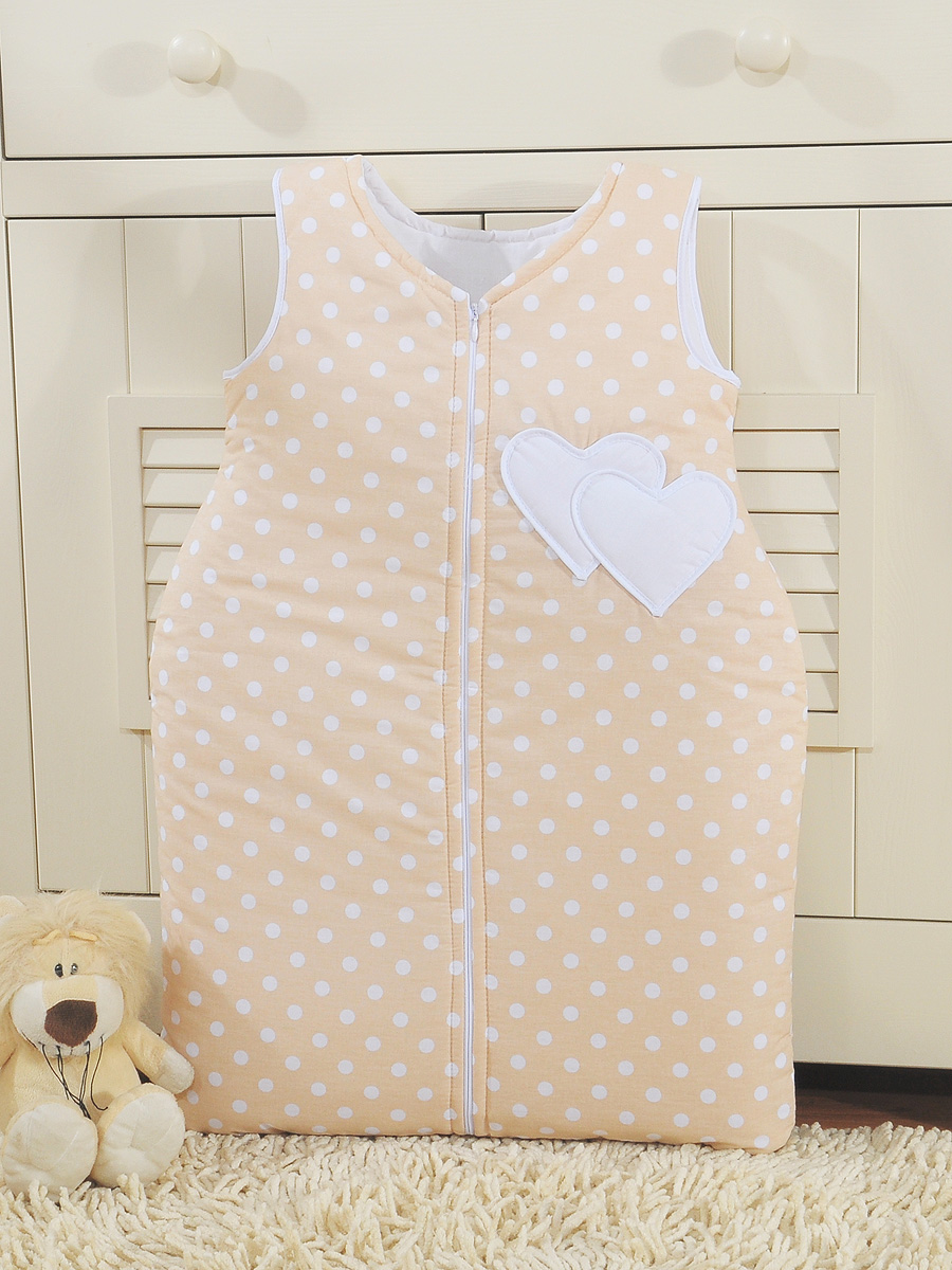Cotton sleeping bag for children, size M, 6-12 months, TOG 2.5, all-season, hearts dots on beige — modelis SPIW/hearts/551