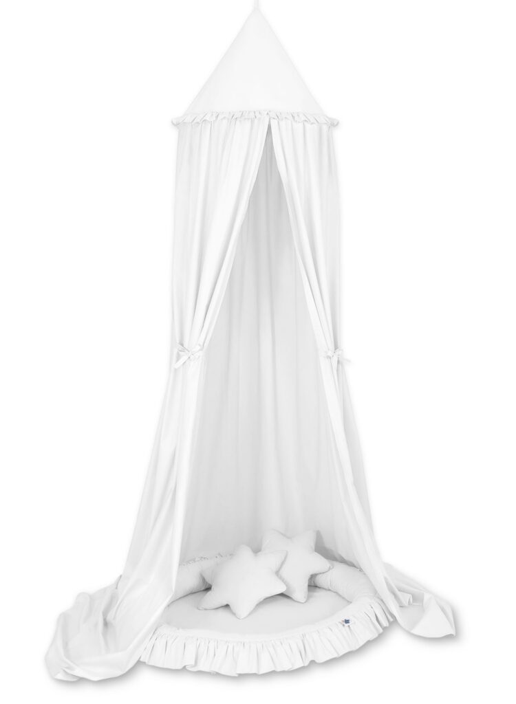 Set: Hanging baldachin for children's room cotton + nest with flounce + pillows - white