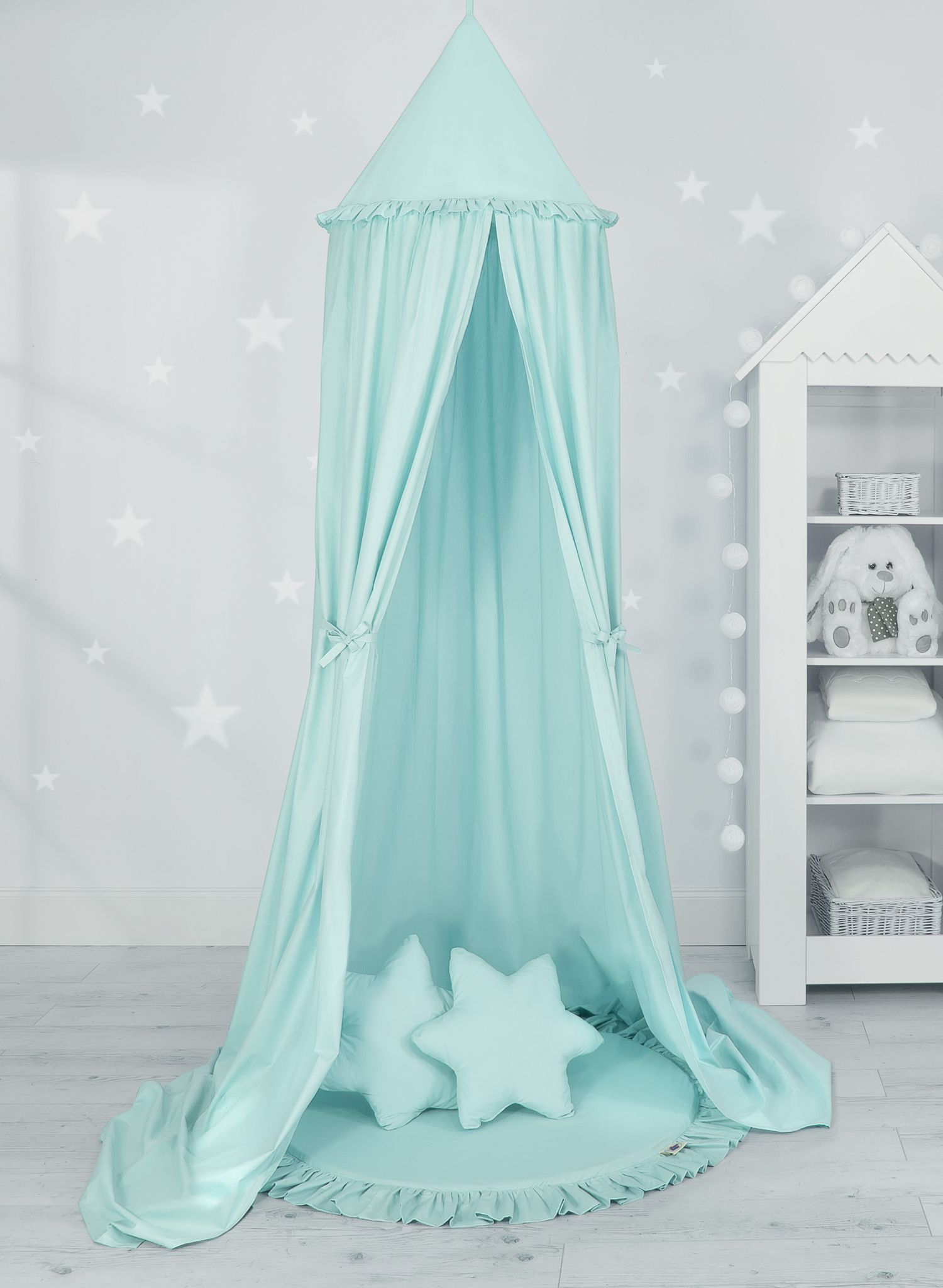 Set: Hanging baldachin for children's room cotton + Floor play mat + pillows- mint