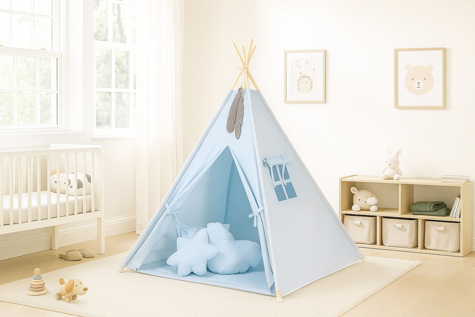 Teepee tent for kids + decorative feathers - blau