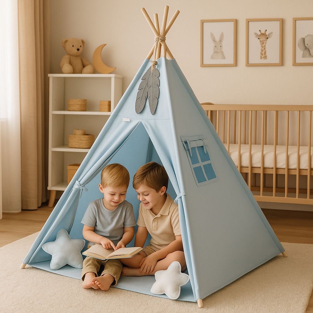 Teepee tent for kids + decorative feathers - blau