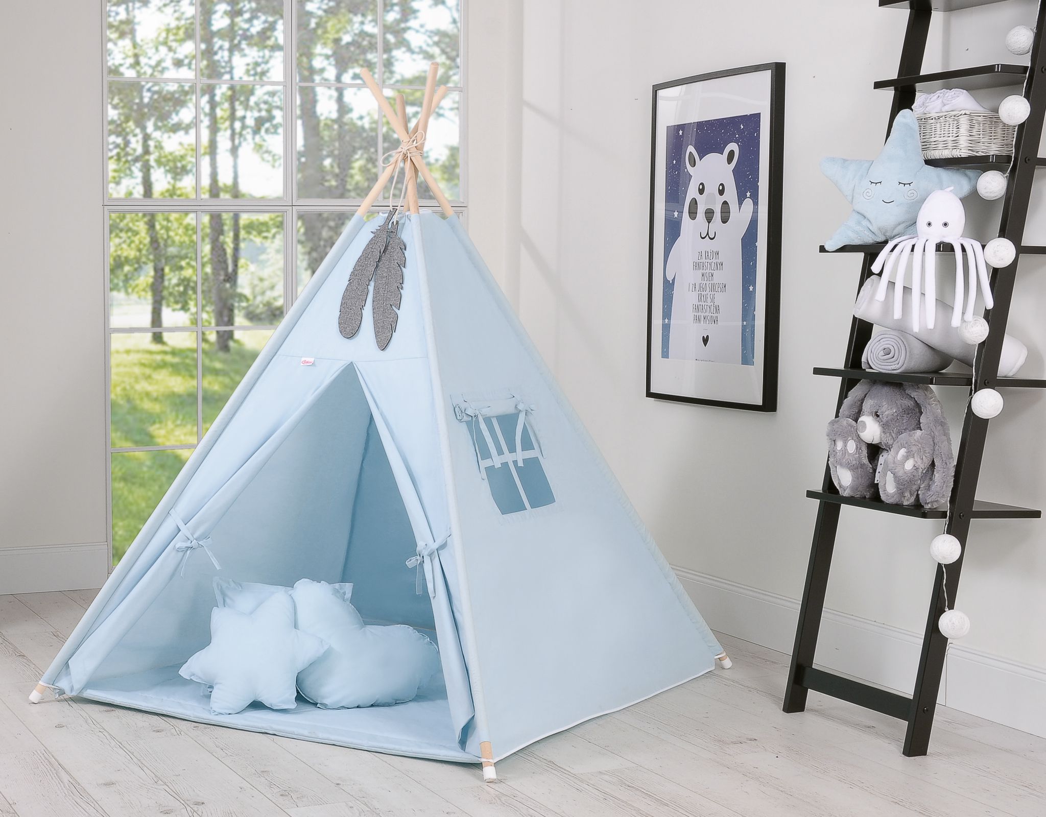 Teepee tent for kids + decorative feathers - blau
