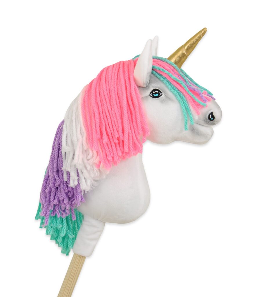 Hobby Horse Unicorn on a stick - white with coloured mane and gold horn A4