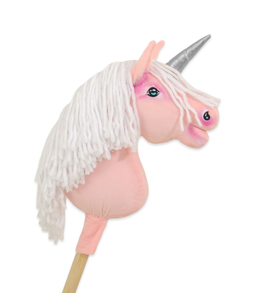 Hobby Horse Unicorn on a stick - pink with white mane and silver horn A4