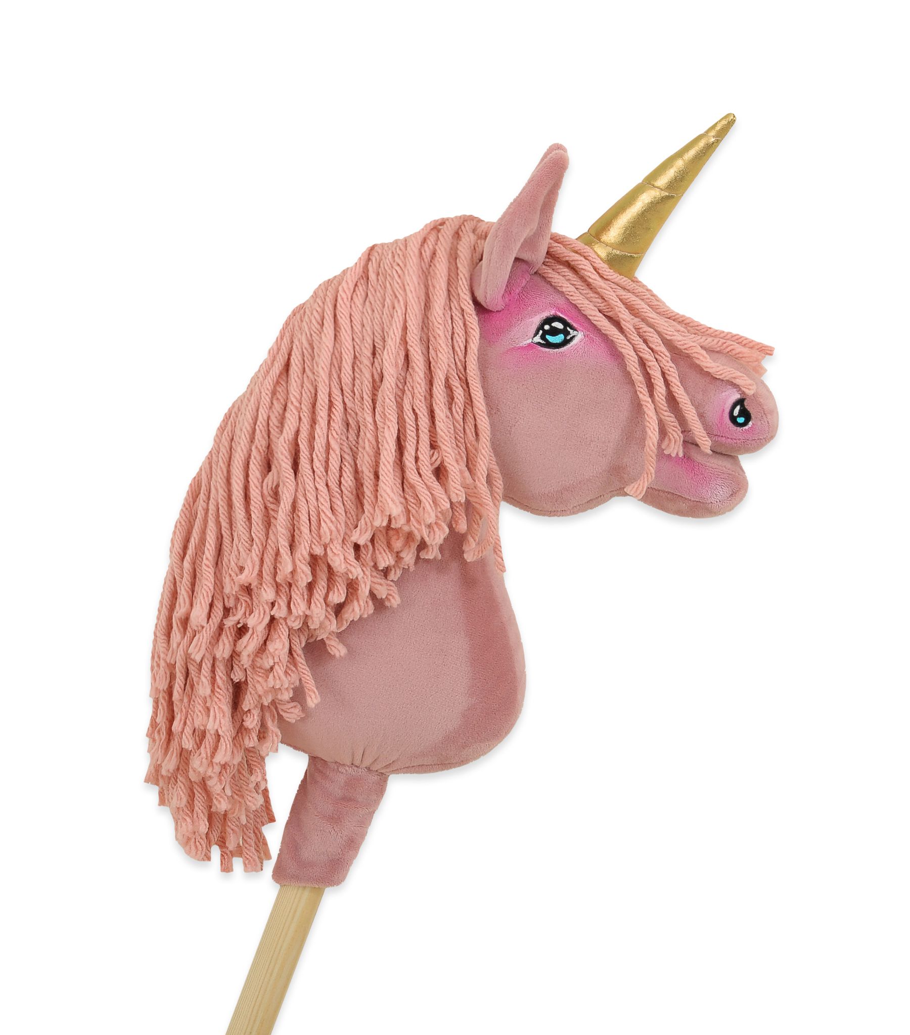 Hobby Horse Unicorn on a stick - pastel pink with pink mane and golden horn A4