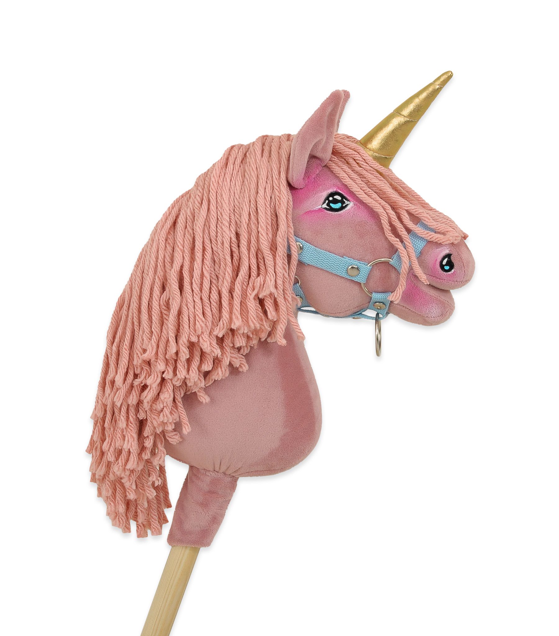 Hobby Horse Unicorn on a stick - pastel pink with pink mane and golden horn A4