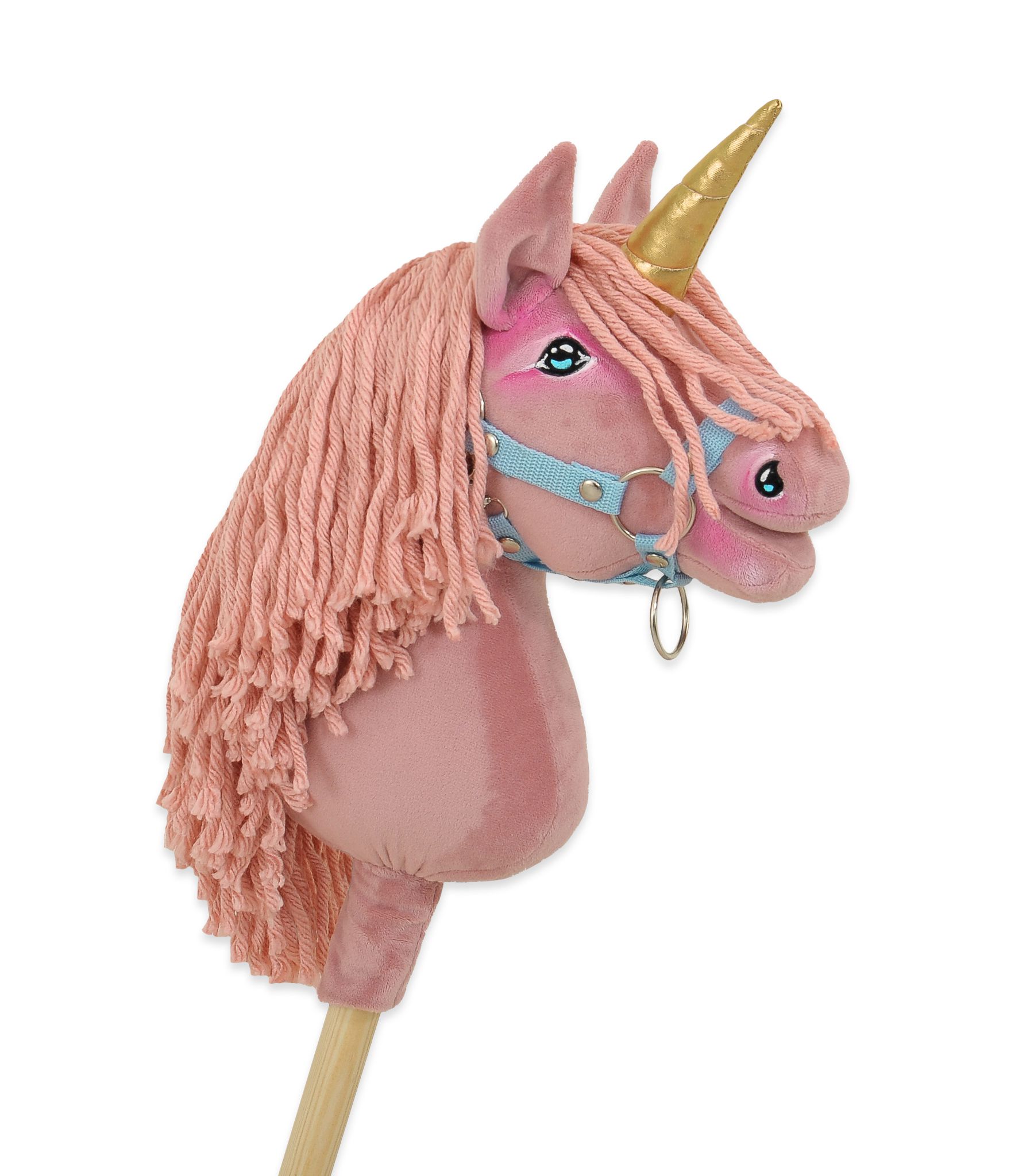 Hobby Horse Unicorn on a stick - pastel pink with pink mane and golden horn A4