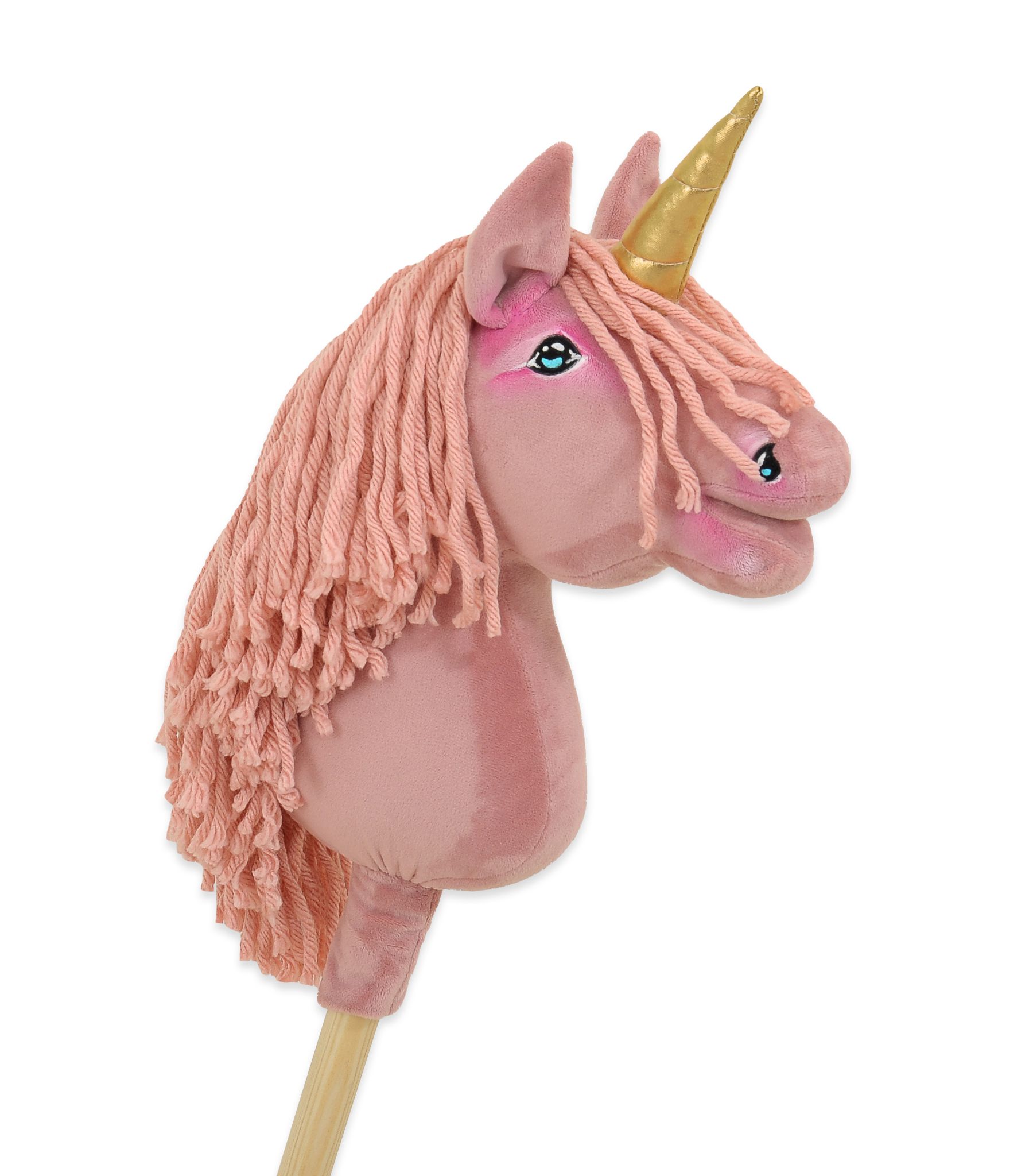 Hobby Horse Unicorn on a stick - pastel pink with pink mane and golden horn A4