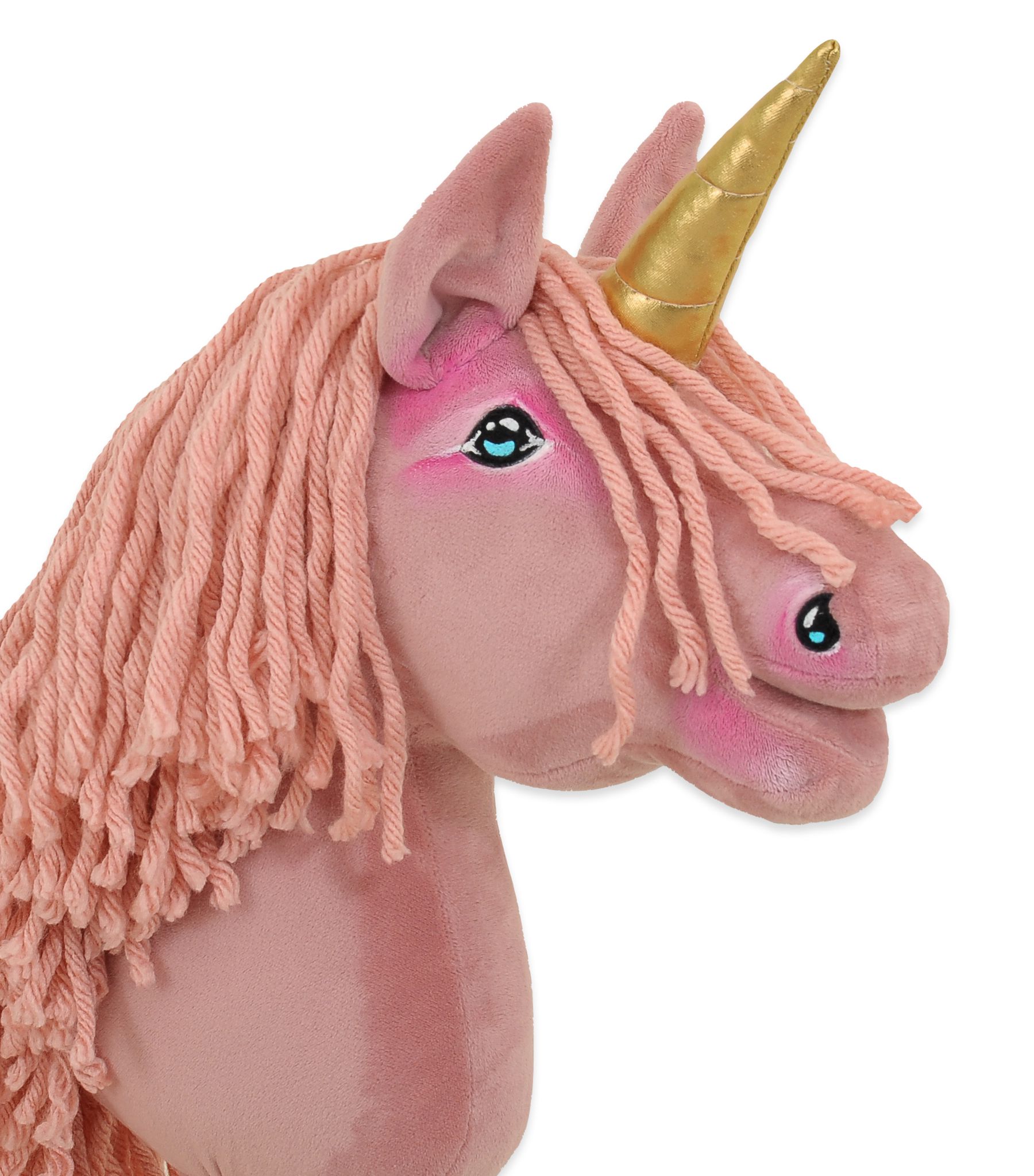 Hobby Horse Unicorn on a stick - pastel pink with pink mane and golden horn A4