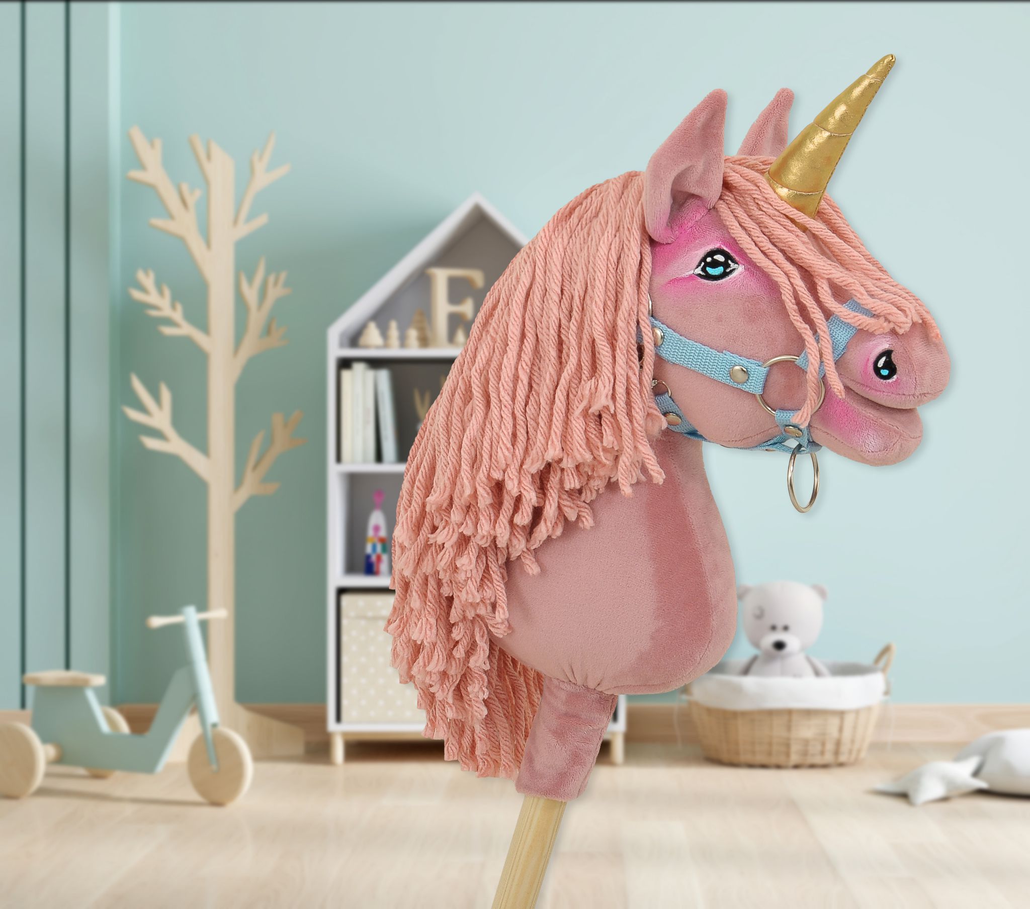 Hobby Horse Unicorn on a stick - pastel pink with pink mane and golden horn A4