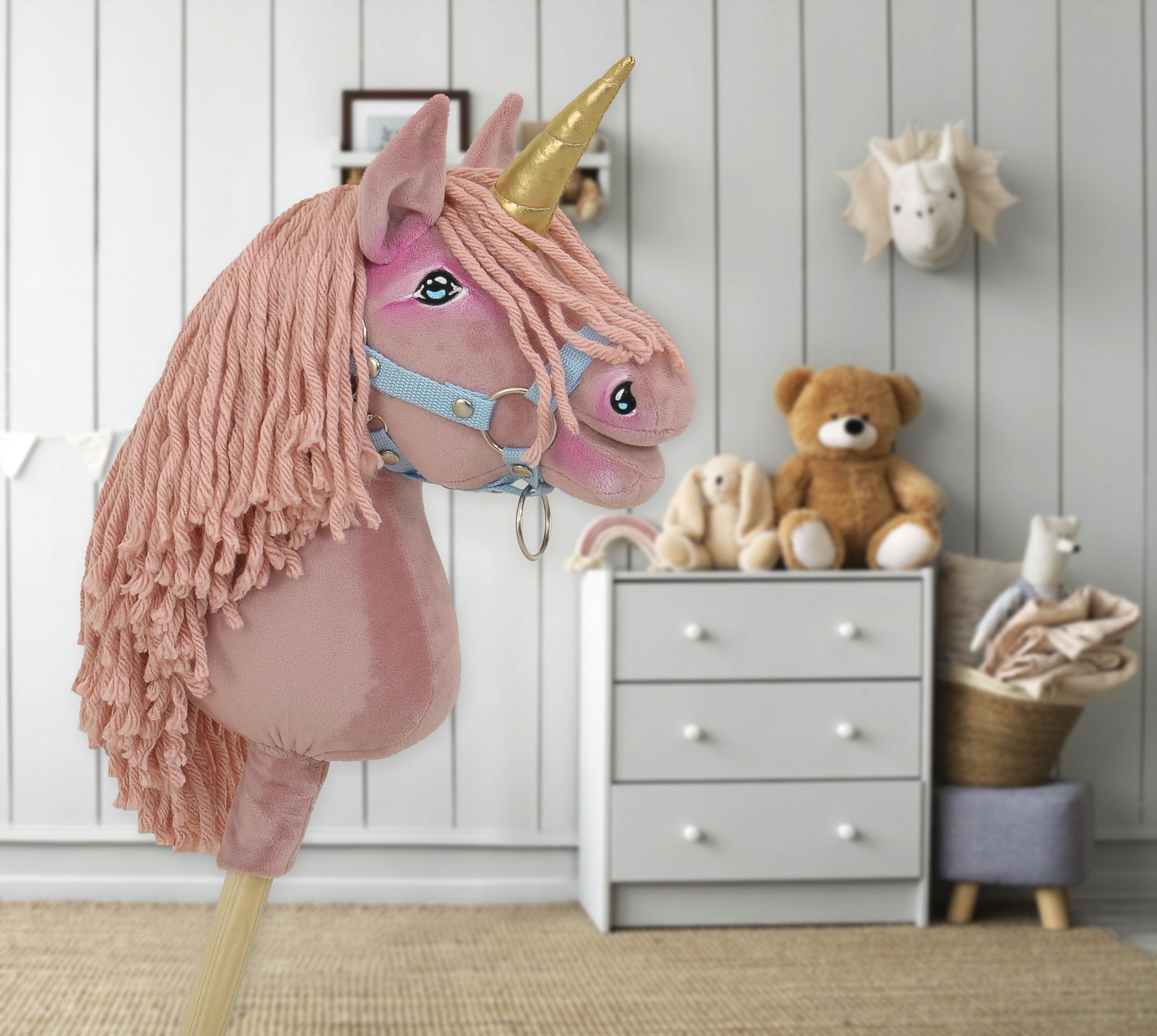 Hobby Horse Unicorn on a stick - pastel pink with pink mane and golden horn A4