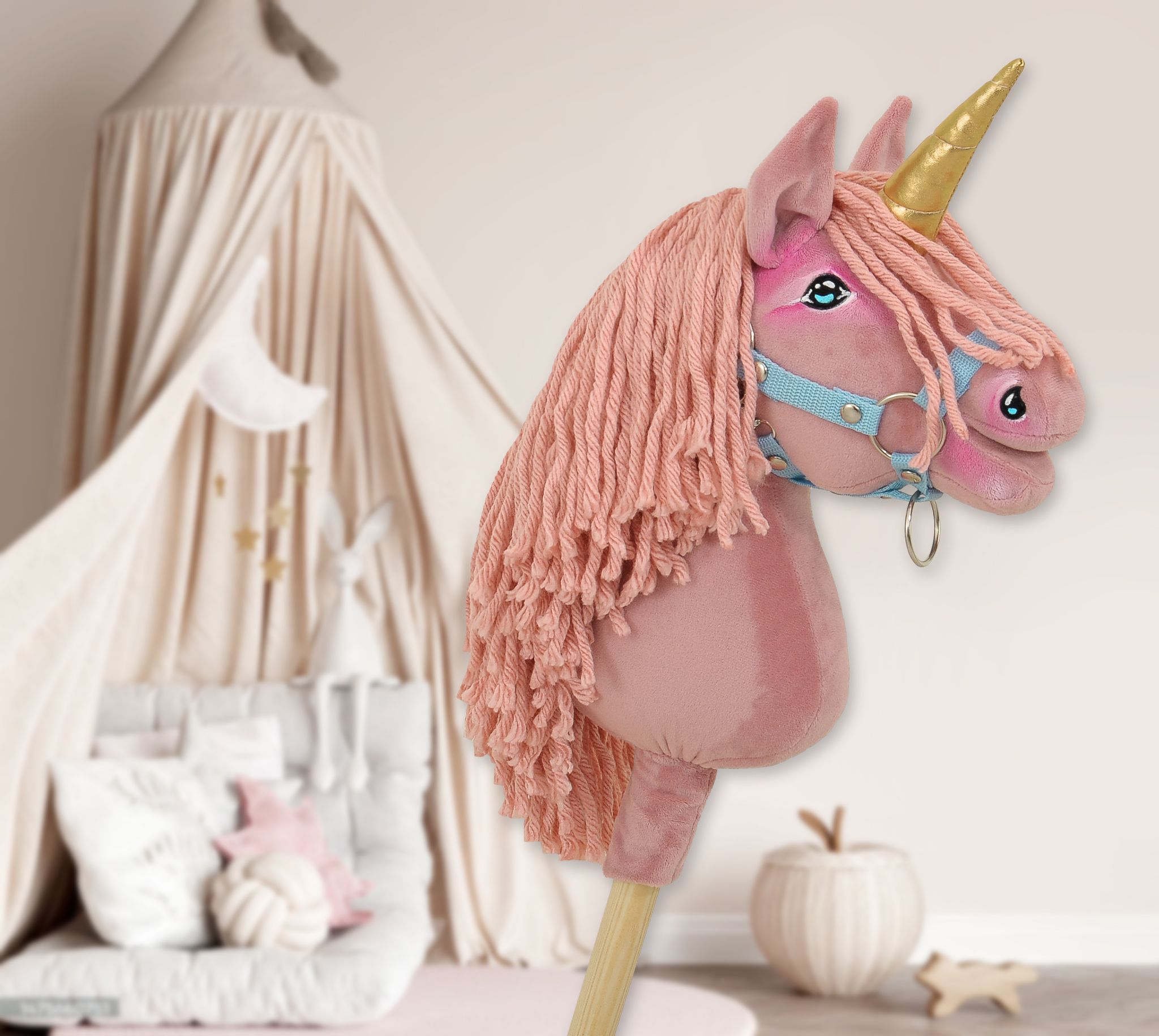 Hobby Horse Unicorn on a stick - pastel pink with pink mane and golden horn A4