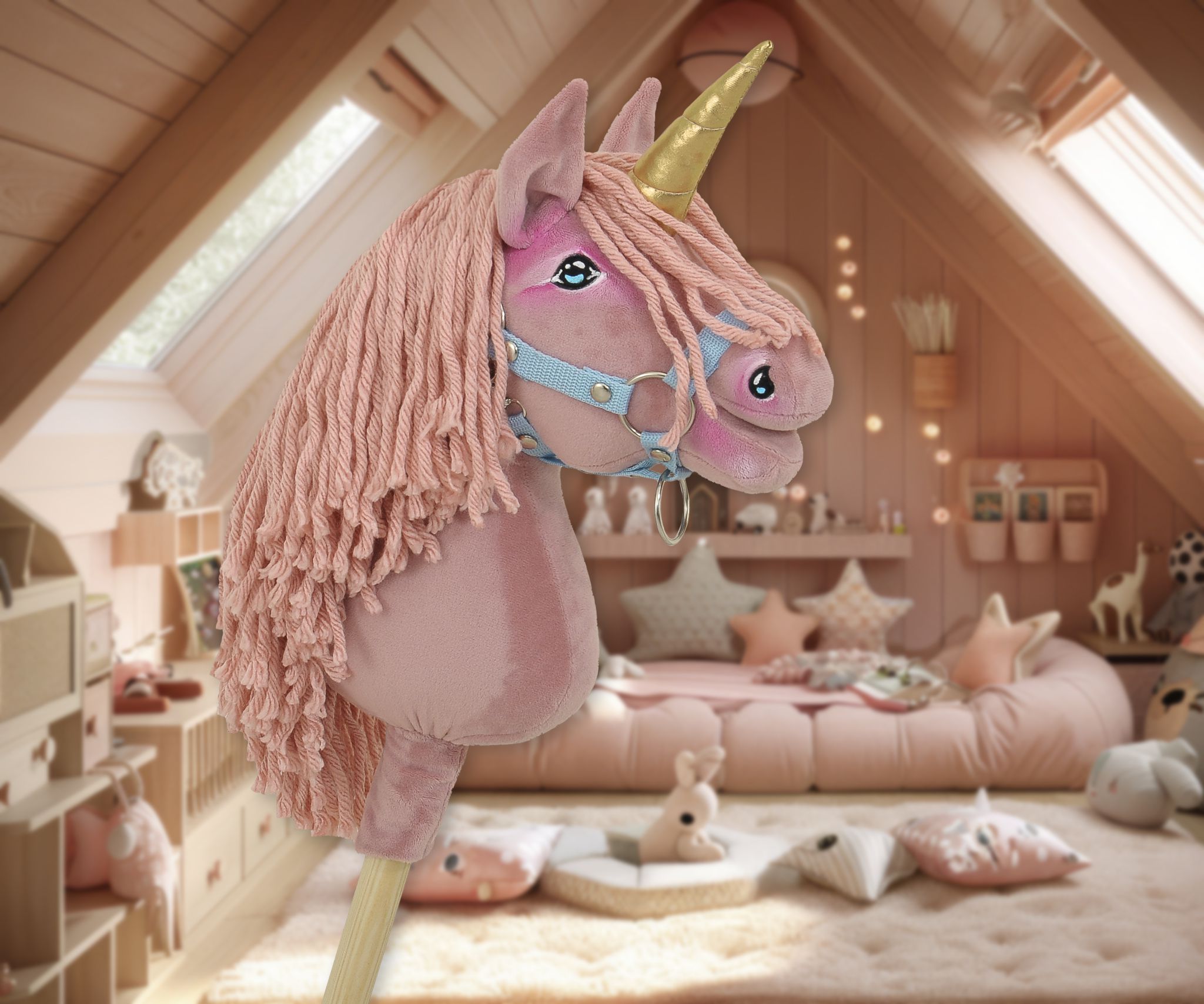 Hobby Horse Unicorn on a stick - pastel pink with pink mane and golden horn A4