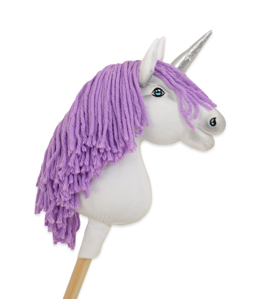 Hobby Horse Unicorn on a stick - white with lila mane and silver horn A4