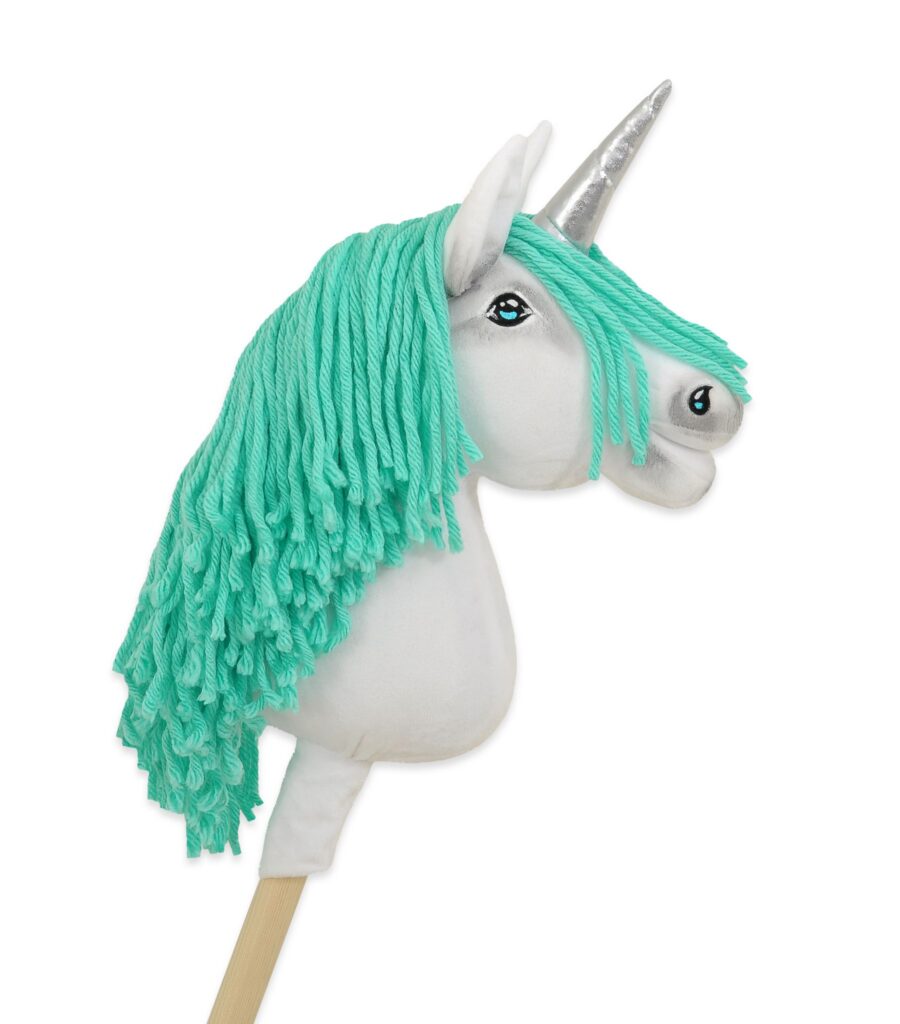 Hobby Horse Unicorn on a stick - white with mint mane and silver horn A4