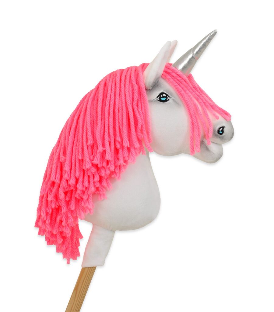 Hobby Horse Unicorn on a stick - white with neon pink mane and silver horn A4