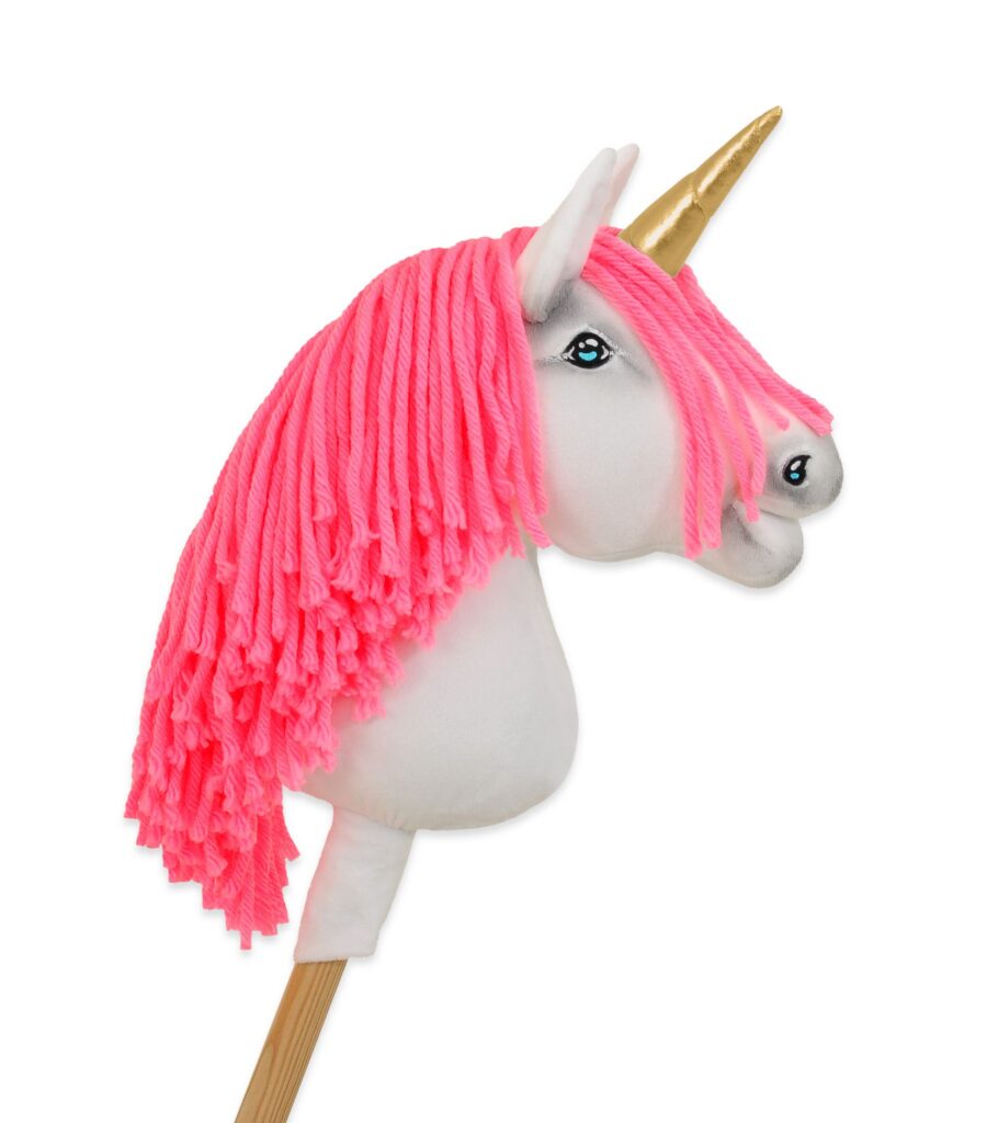 Hobby Horse Unicorn on a stick - white with neon pink mane and gold horn A4
