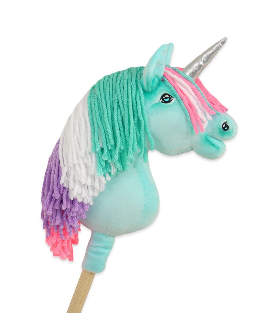 Hobby Horse Unicorn on a stick - mint with coloured mane and silver horn A4