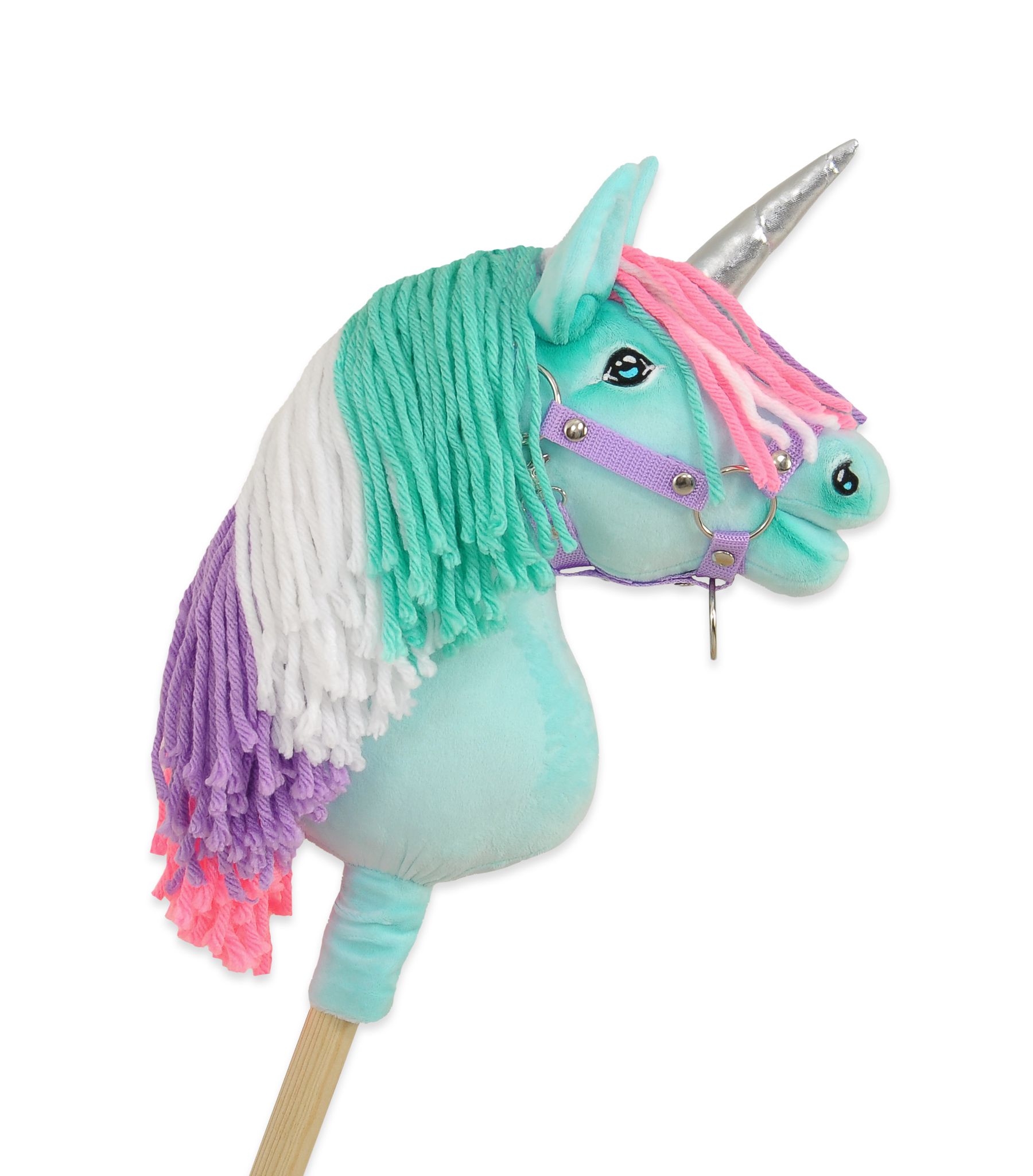 Hobby Horse Unicorn on a stick - mint with coloured mane and silver horn A4