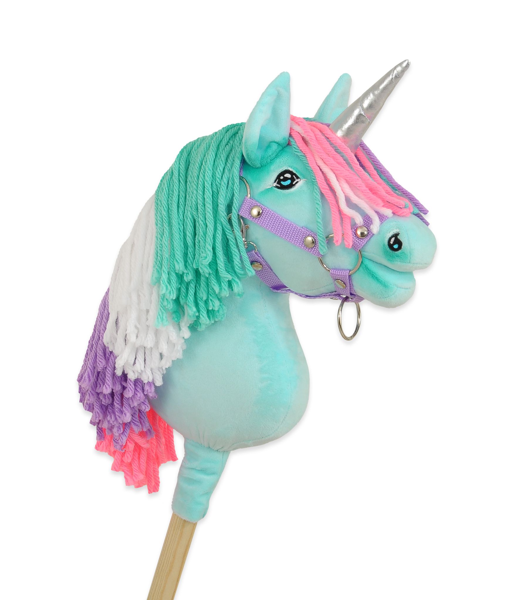Hobby Horse Unicorn on a stick - mint with coloured mane and silver horn A4