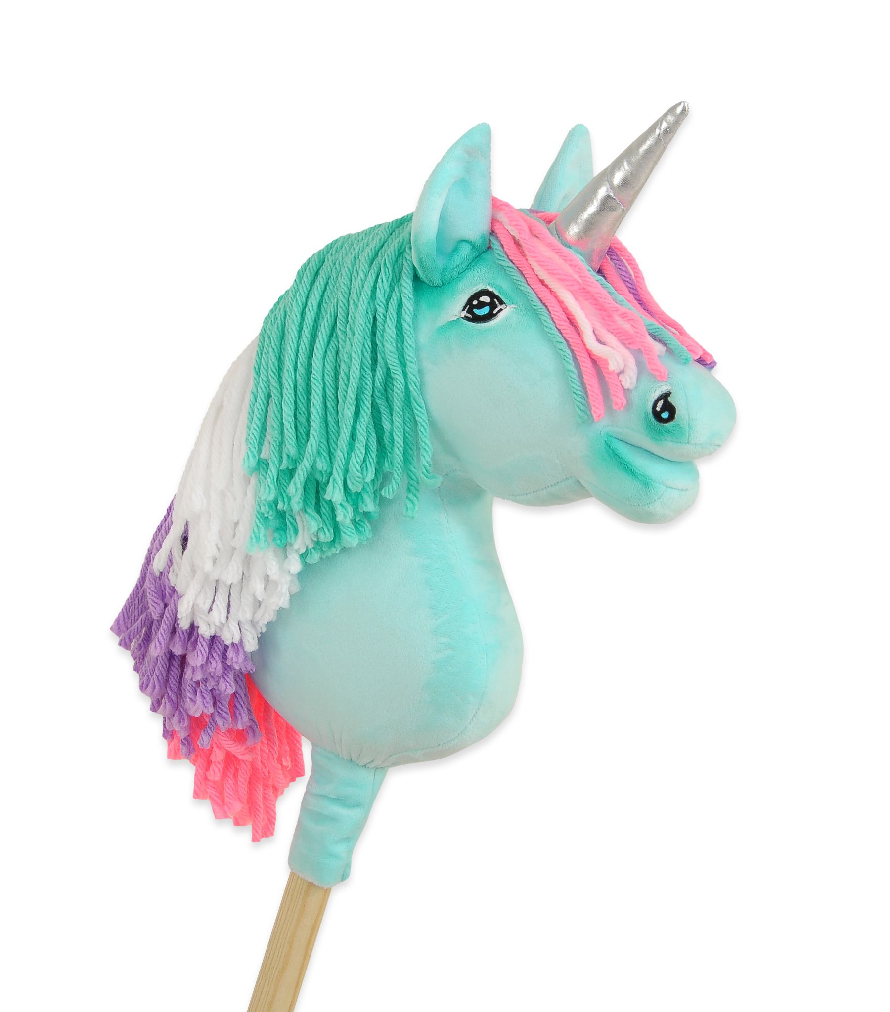 Hobby Horse Unicorn on a stick - mint with coloured mane and silver horn A4