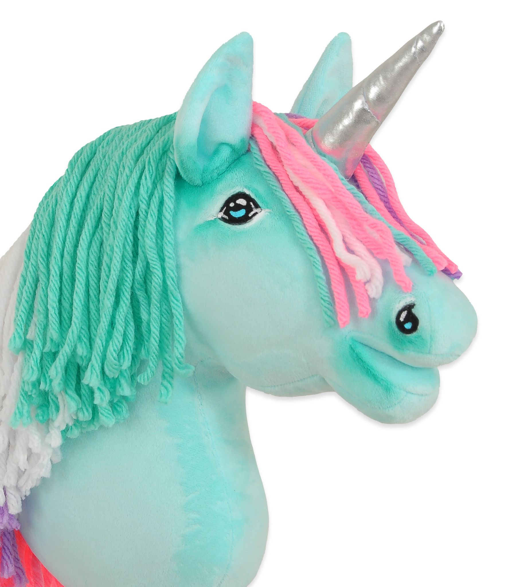 Hobby Horse Unicorn on a stick - mint with coloured mane and silver horn A4