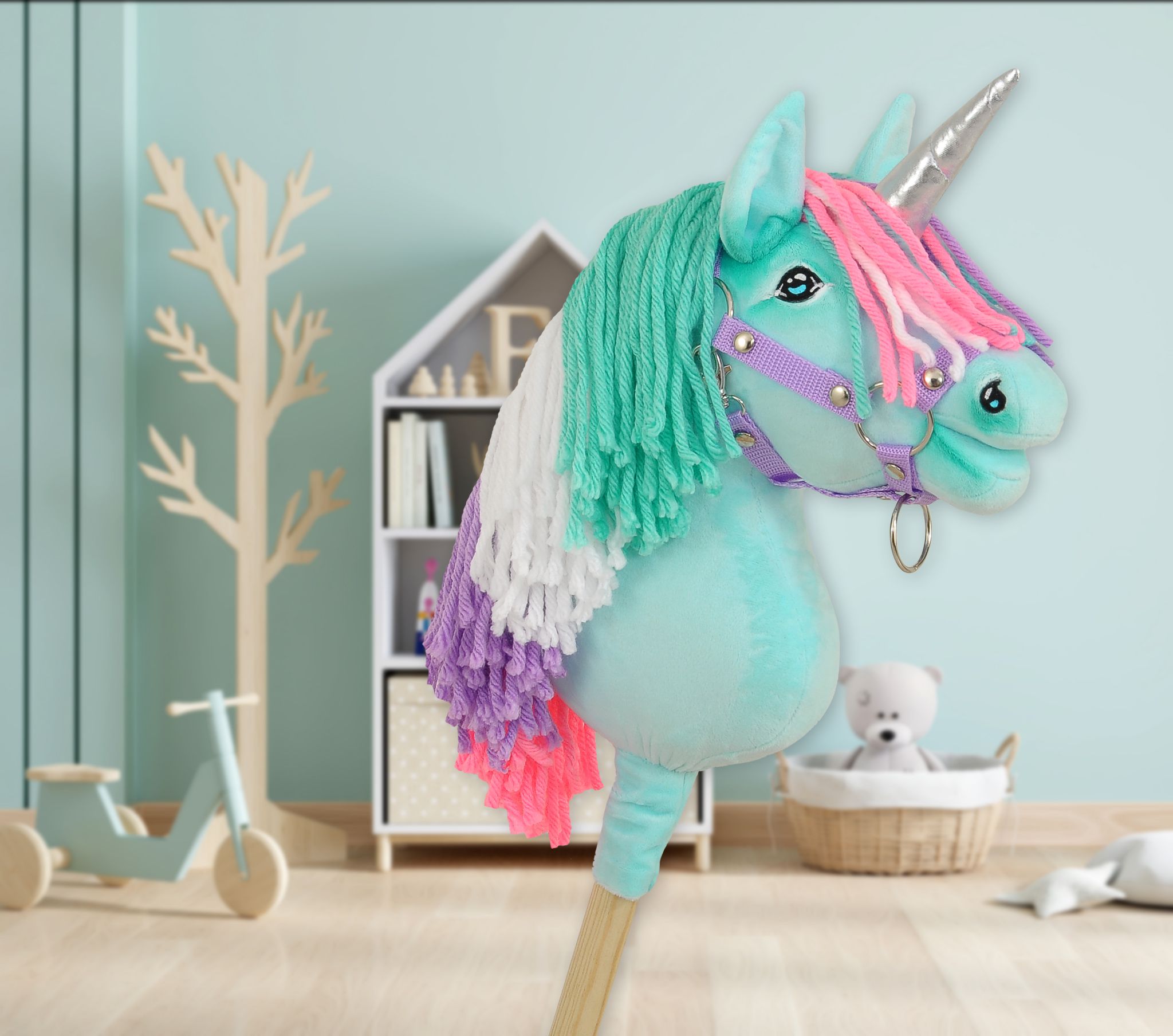 Hobby Horse Unicorn on a stick - mint with coloured mane and silver horn A4