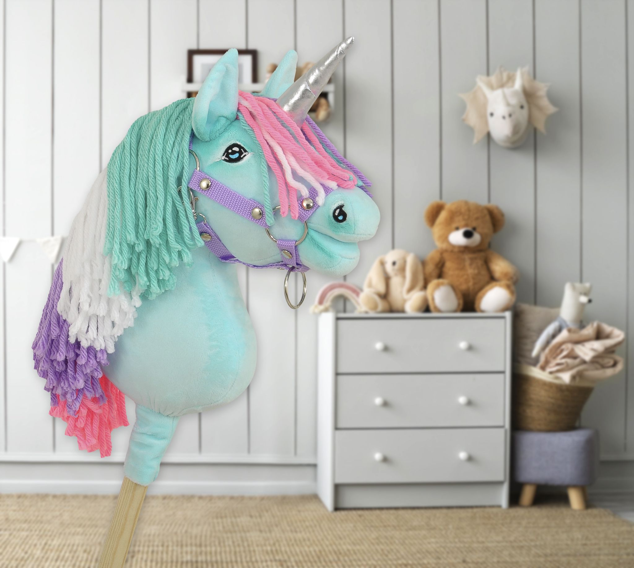 Hobby Horse Unicorn on a stick - mint with coloured mane and silver horn A4