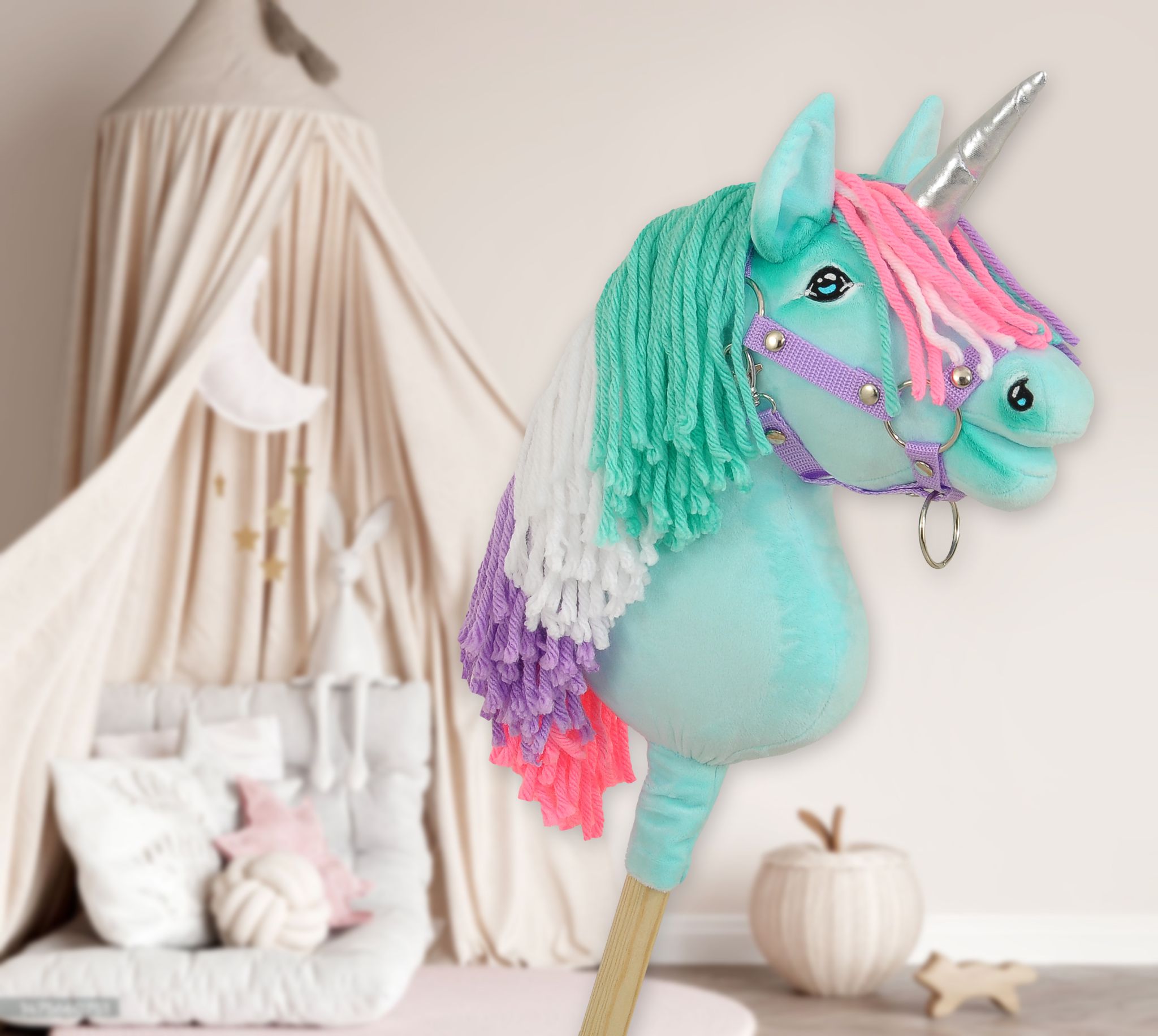 Hobby Horse Unicorn on a stick - mint with coloured mane and silver horn A4