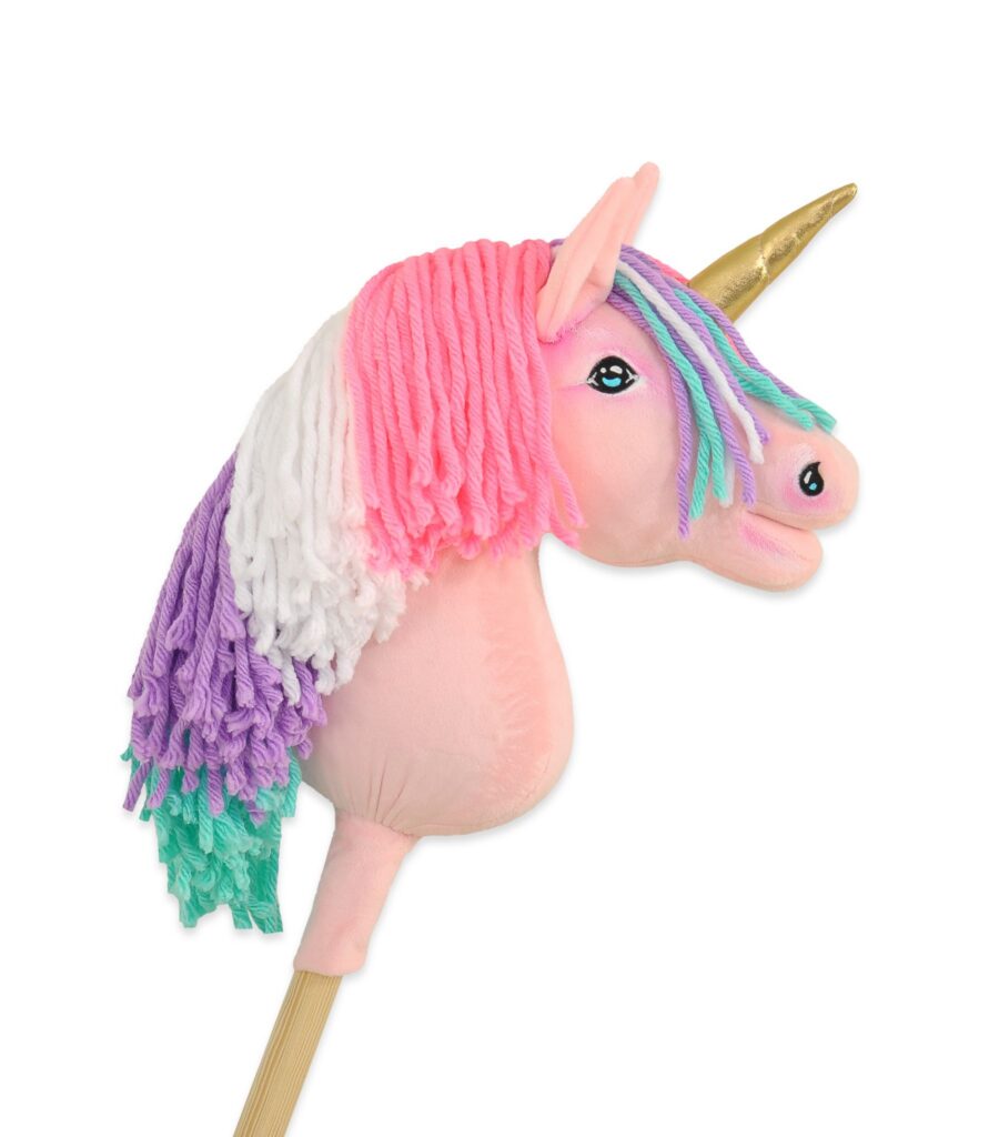 Hobby Horse Unicorn on a stick - pink with coloured mane and golden horn A4