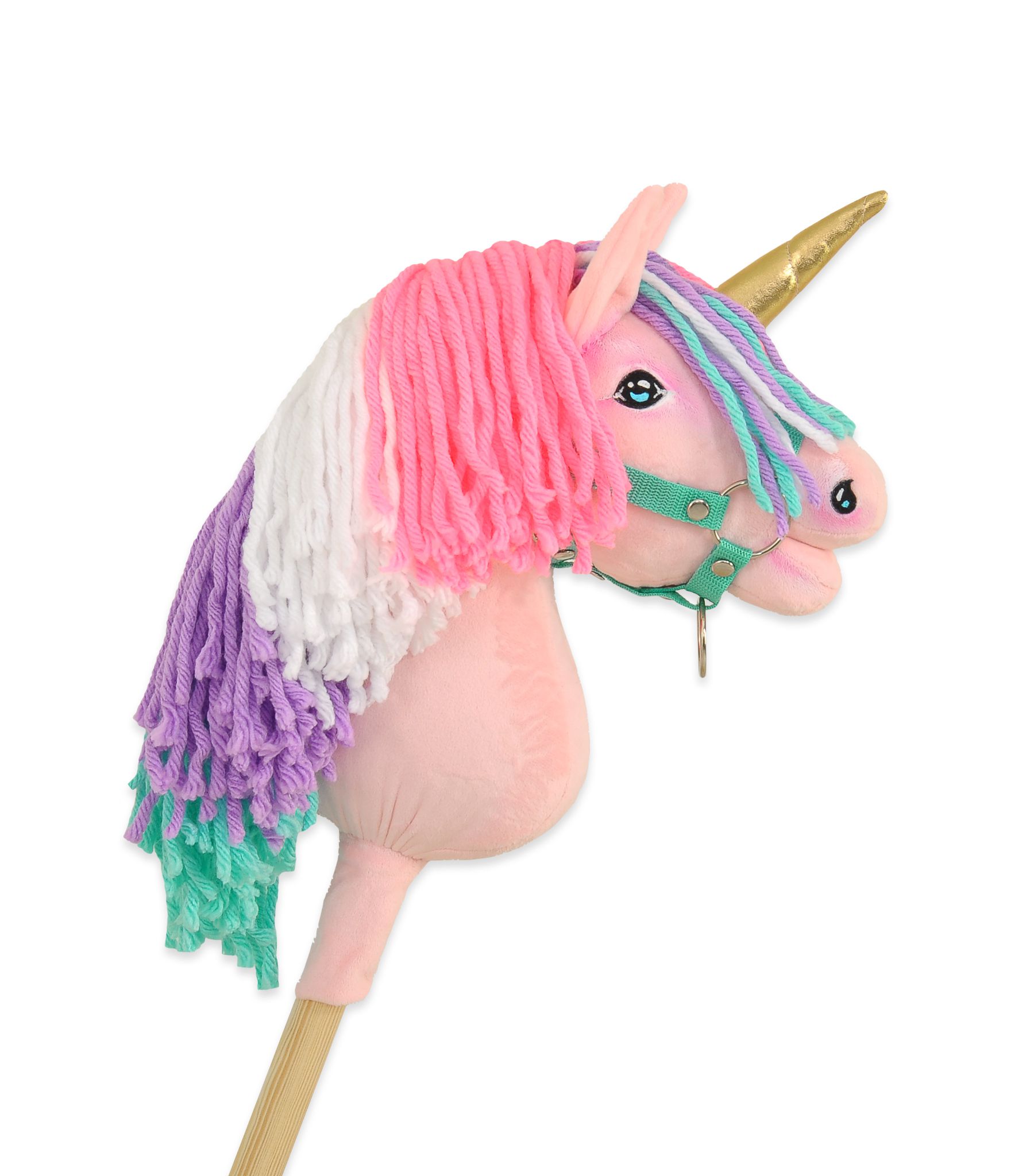 Hobby Horse Unicorn on a stick - pink with coloured mane and golden horn A4