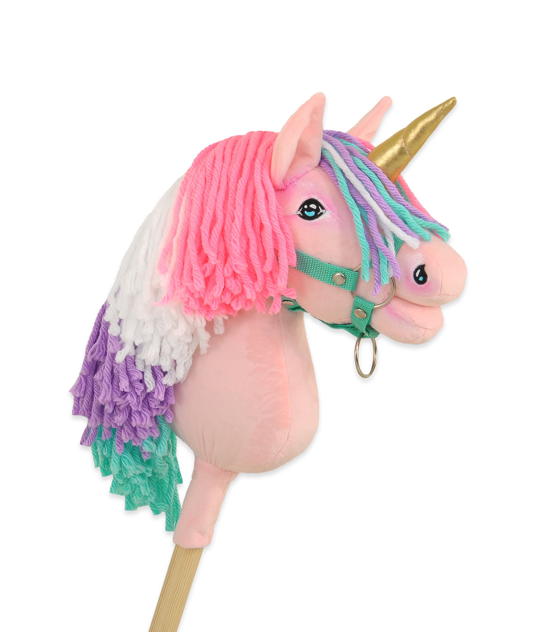 Hobby Horse Unicorn on a stick - pink with coloured mane and golden horn A4