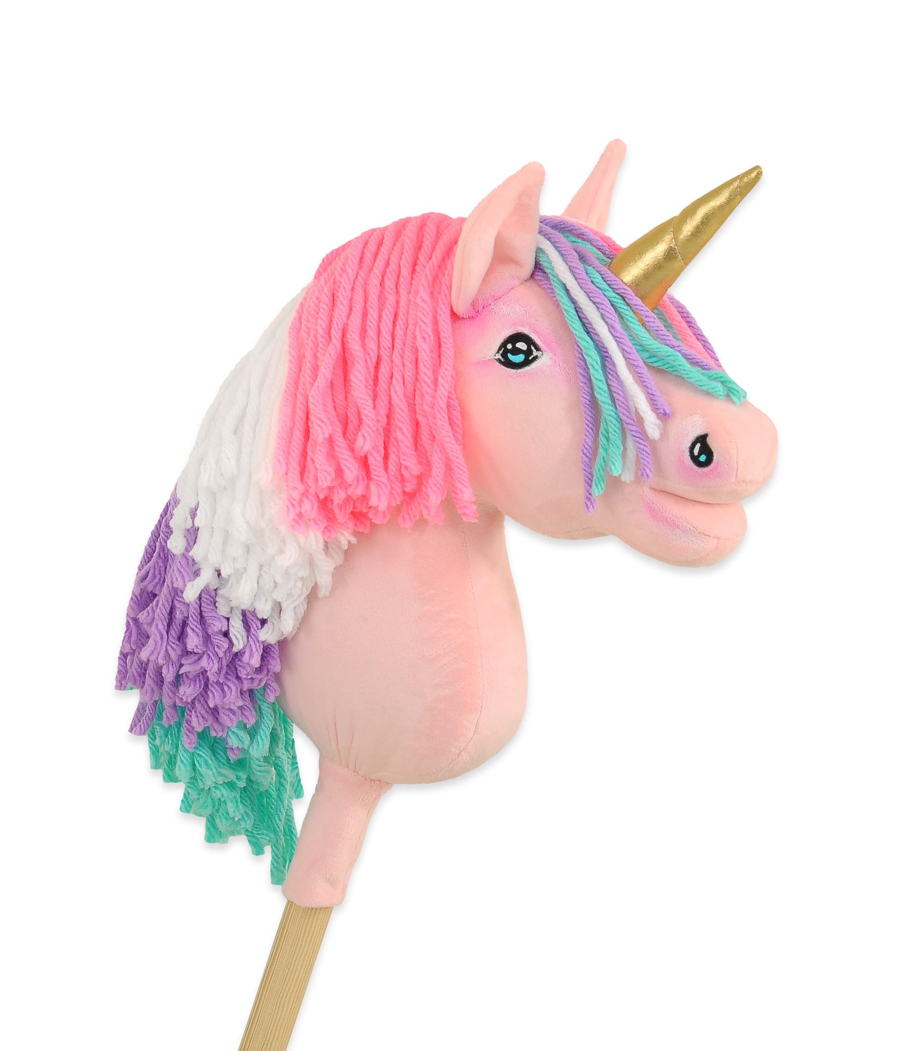 Hobby Horse Unicorn on a stick - pink with coloured mane and golden horn A4