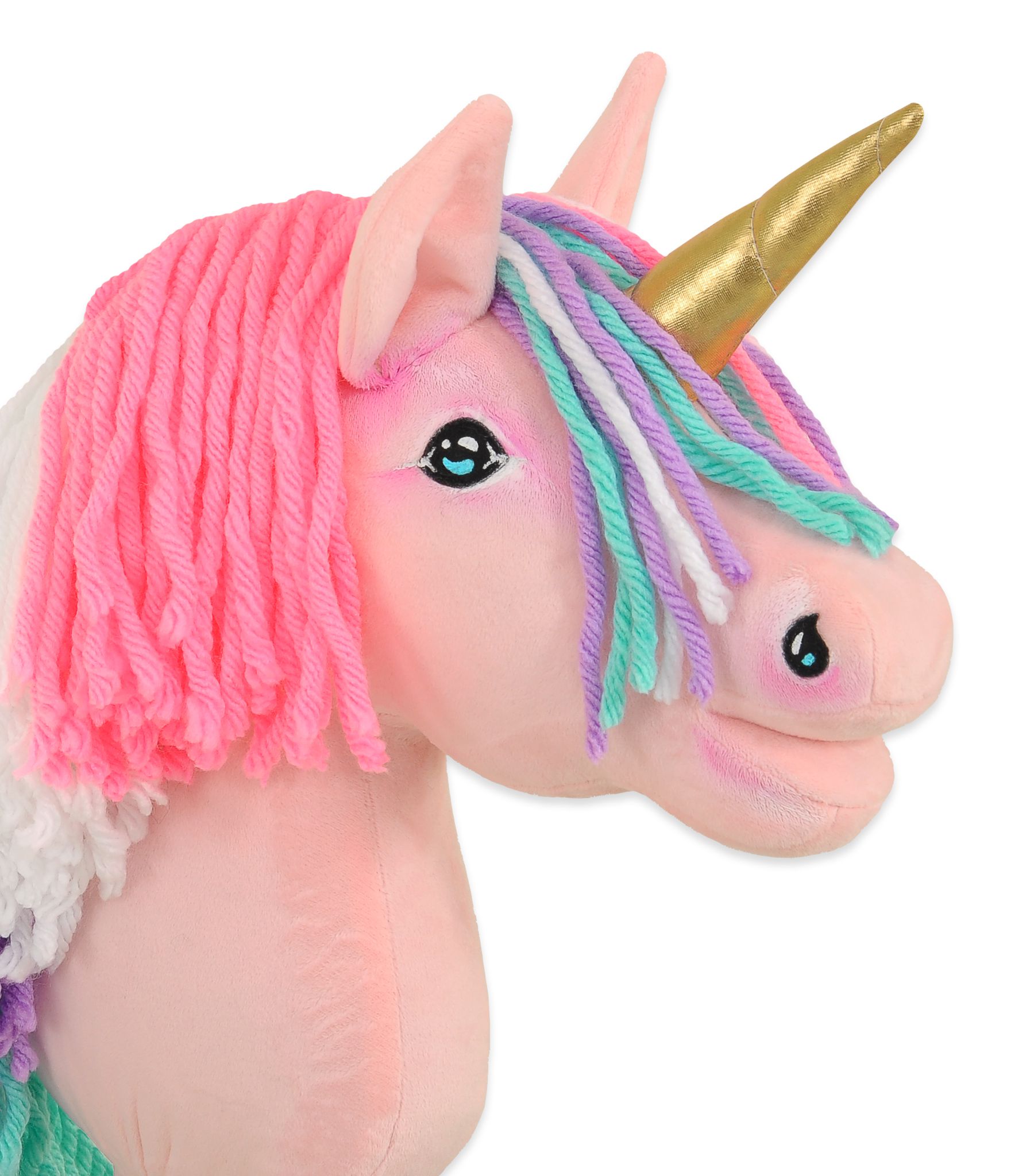 Hobby Horse Unicorn on a stick - pink with coloured mane and golden horn A4